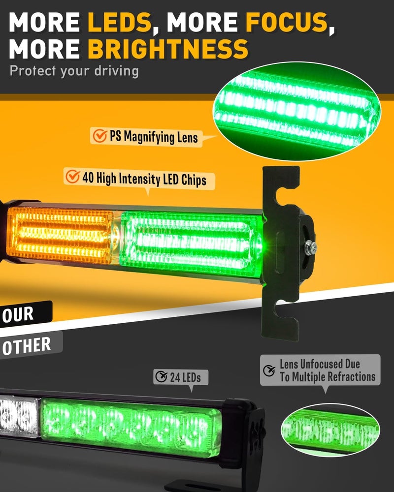 HLauto 1002L Emergency Strobe Traffic Advisor Light Bar: 40 LED Dash Safety Warning Flashing Light, Front/Rear Windshield Visor for Construction Vehicle, Tow/Plow Truck (2x10.7inch, Amber Green) - Image 2